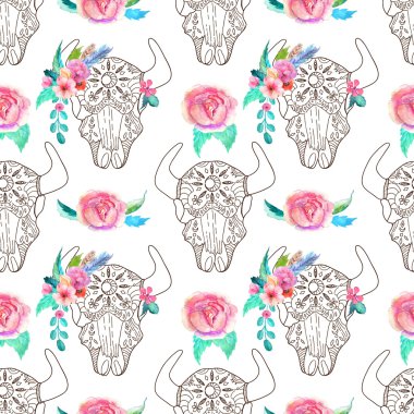 Doodle bull skull with watercolor flowers and feathers, seamless
