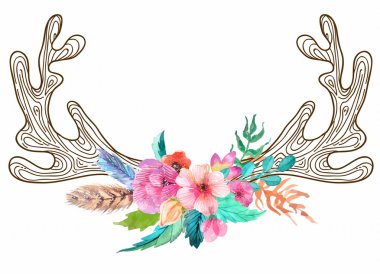 Doodle horns with watercolor flowers and feathers