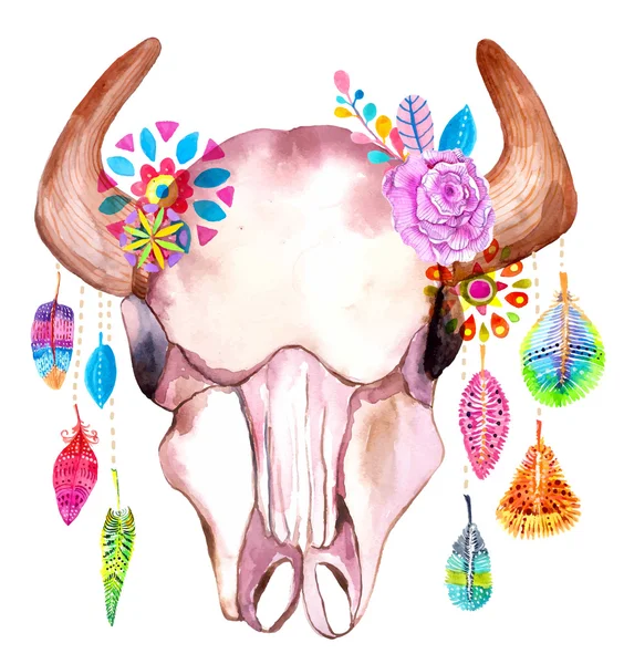 Watercolor bull skull with flowers and feathers — Stock Vector