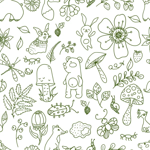 Doodle metsän kuvitus, kukka saumaton kuvio metsä — vektorikuva