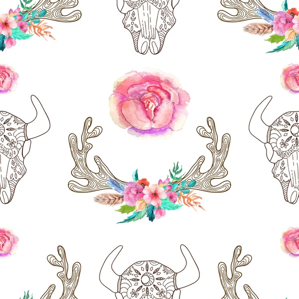 Doodle bull skull and horns with watercolor flowers and feathers — Wektor stockowy