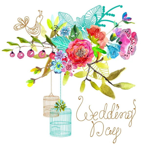 Watercolor Floral background with bird cages for beautiful desig — Διανυσματικό Αρχείο