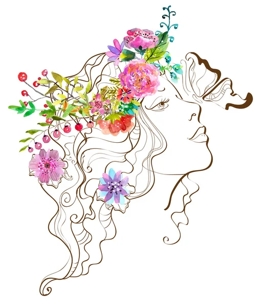 Mulher bonita com borboleta e flores, doodle ilustração w —  Vetores de Stock
