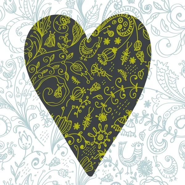 Doodle floral seamless card with heart — 스톡 벡터