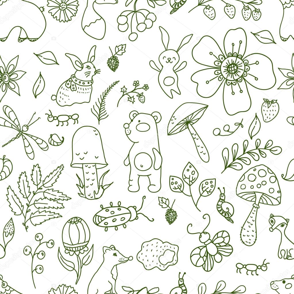 Doodle forest illustration, floral seamless pattern with forest 
