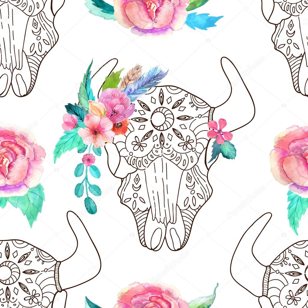 Doodle bull skull with watercolor flowers and feathers, seamless
