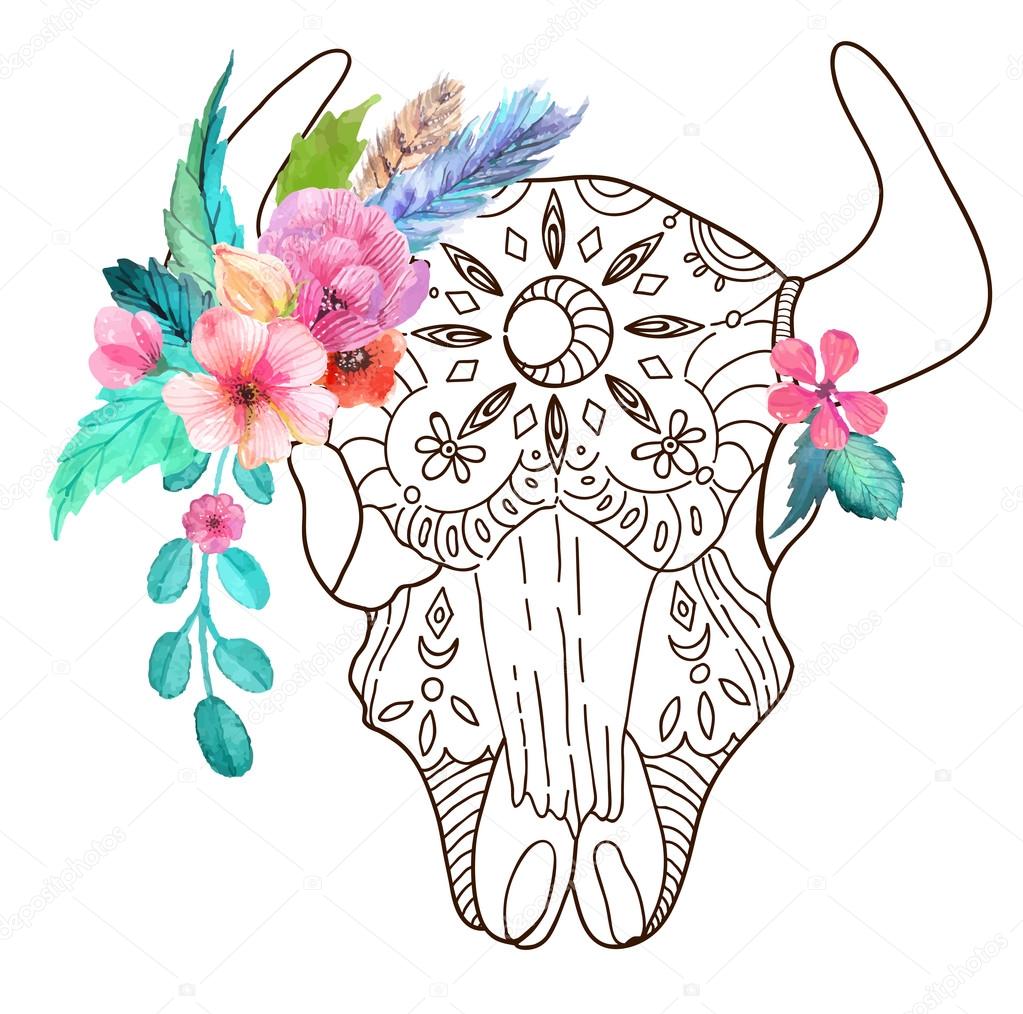Doodle bull skull with watercolor flowers and feathers