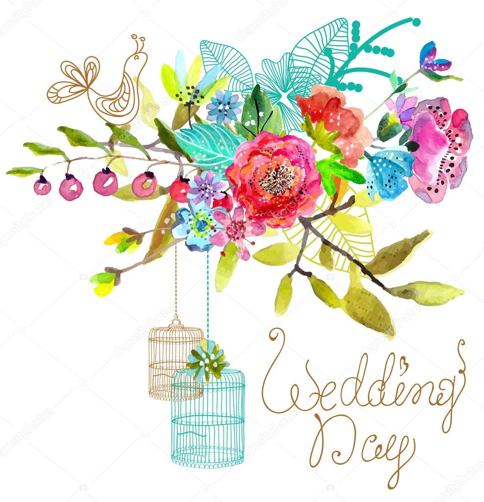 Watercolor Floral background with bird cages for beautiful desig