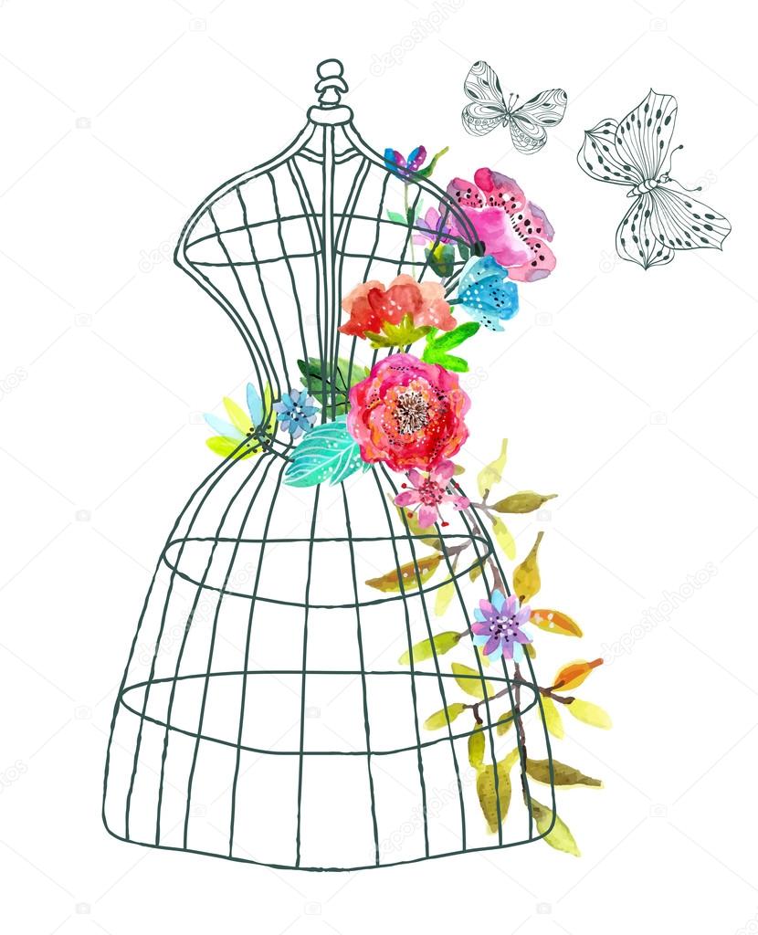 Doodle mannequin with watercolor flowers and butterfly