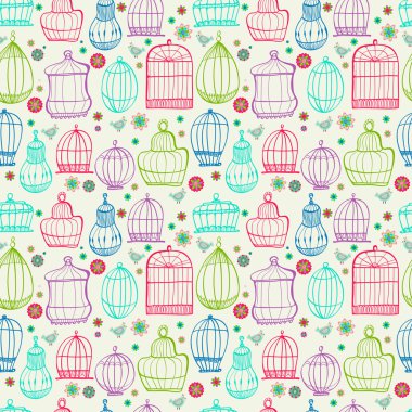 Birdcages desen. Renkli doodle illüstrasyon.