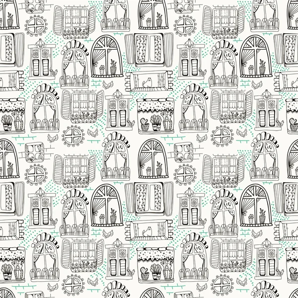 Seamless pattern with cute doodle cartoon windows