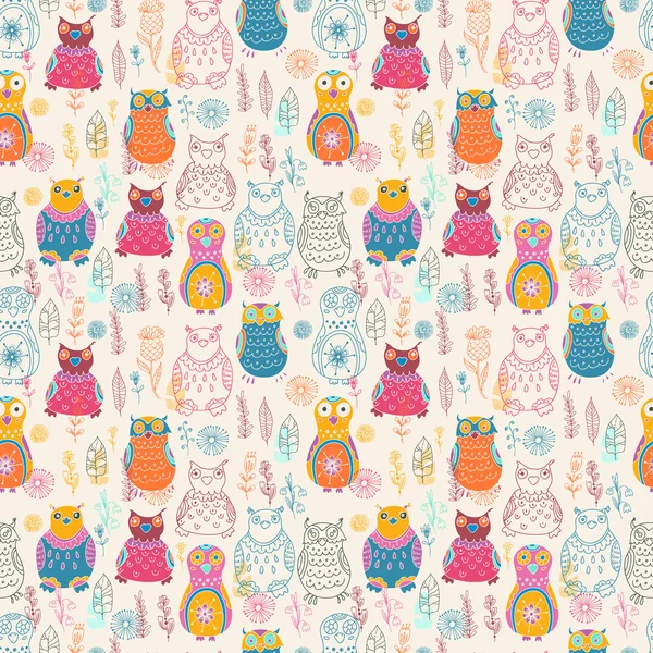 Seamless pattern with cute owls and flowers — Stock Photo, Image