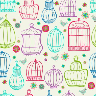 Birdcages desen. Renkli doodle illüstrasyon.
