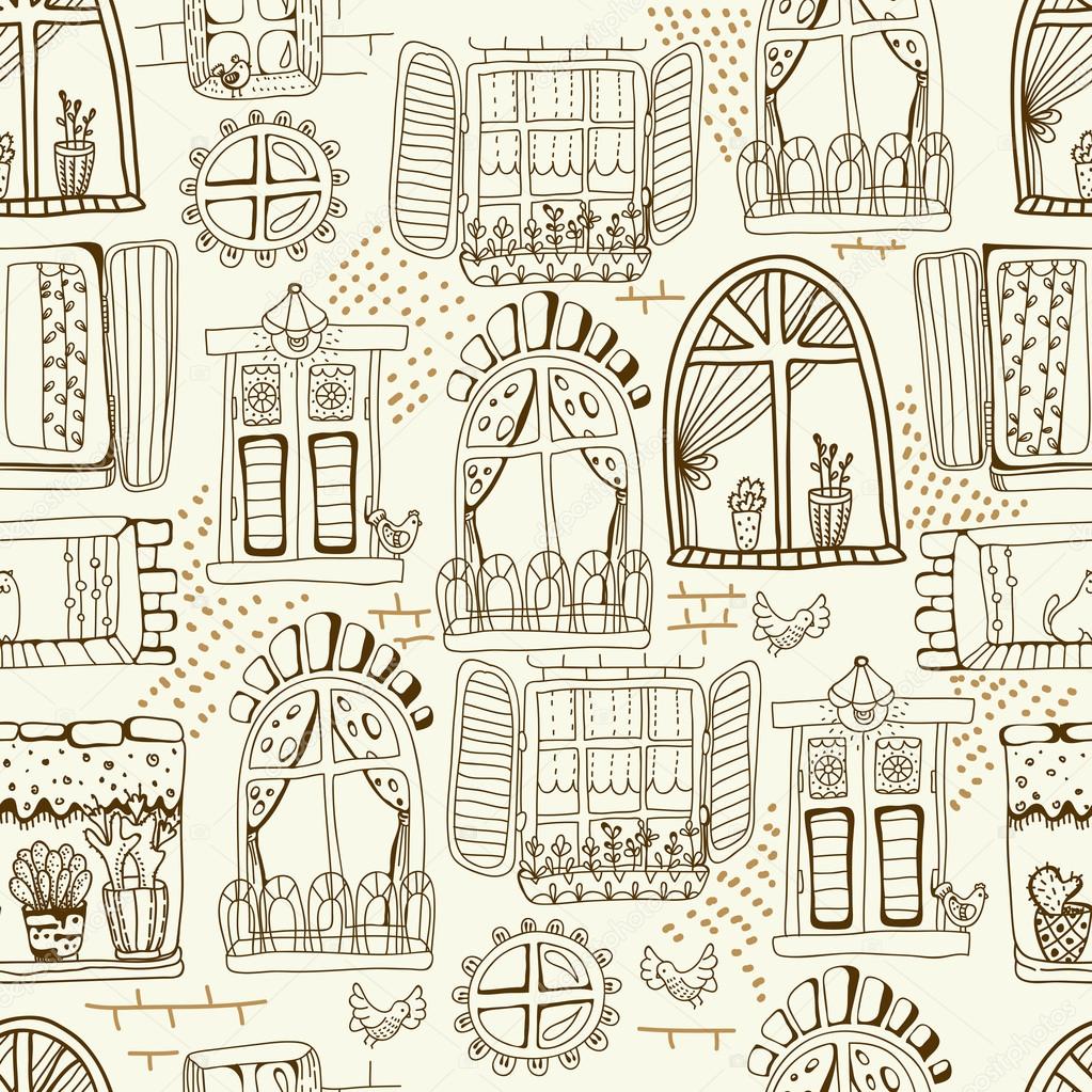 Seamless pattern with cute doodle cartoon windows