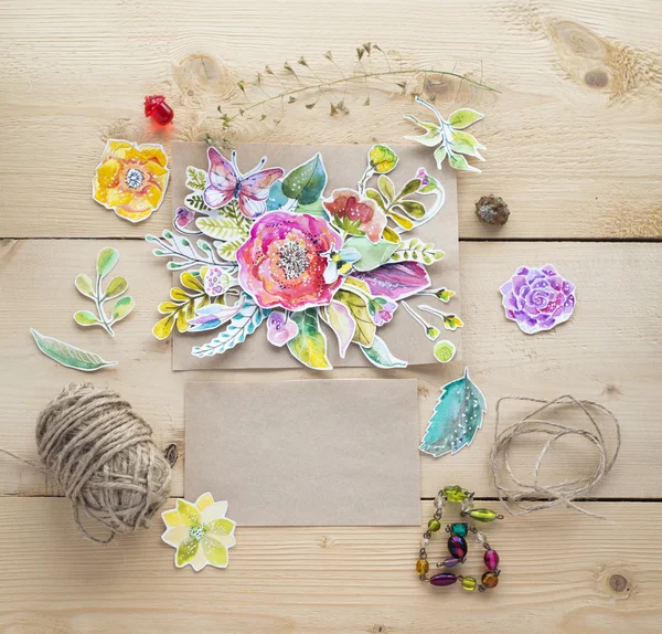 Mock-up for presentations with watercolor paper flowers — Stock Photo, Image