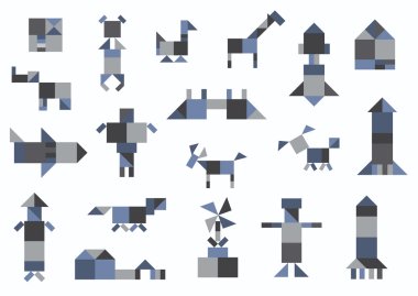 insanlar, hayvanlar, evler, taşıma, geometrik şekiller