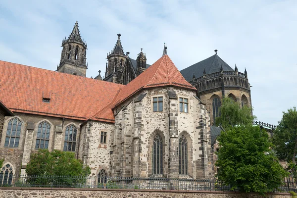 Rivier de kant van Magdeburg Kathedraal (protestantse kathedraal van Maagdenburg Mauritius en St. Catherine) - een van de oudste Gotische gebouwen in Duitsland. — Stockfoto