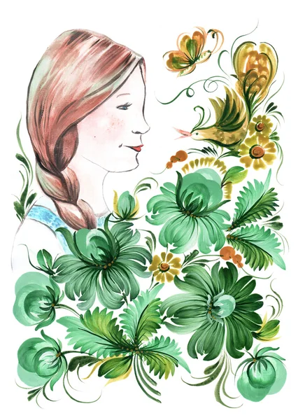 Ukraynalı dekoratif listesi. Ukraynalı kız bir çiçek bahçesinde bulunan bir kuş.