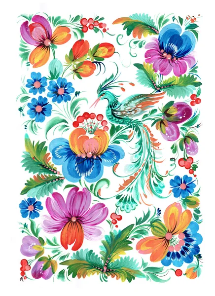 Ukraynalı dekoratif listesi. Bir kuş ile çiçek kompozisyon.