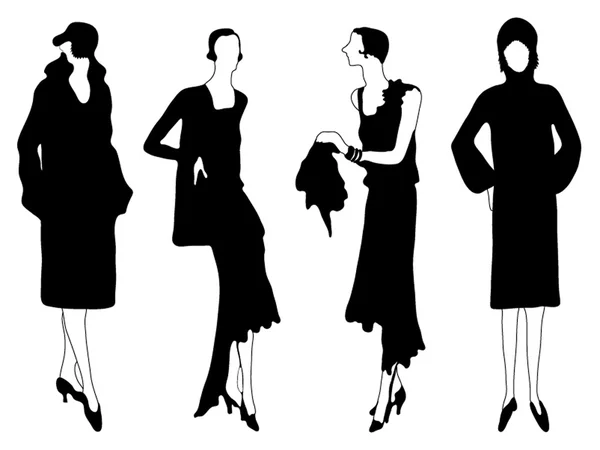 Black and white collection of drawings of girls models of the last century. — Stock Vector
