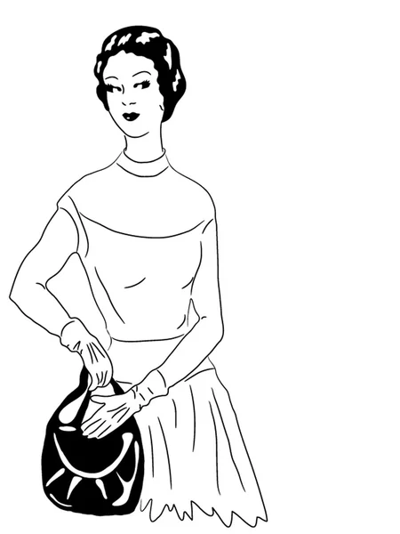 Czarno-biały rysunek kobiet modelu ubiegłego wieku. — Wektor stockowy