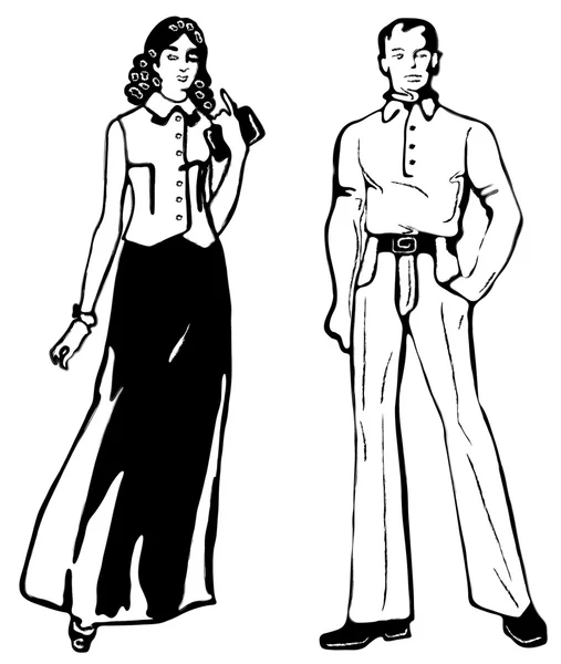 Schwarz-Weiß-Zeichnung von Männern und Frauen auf weißem Hintergrund. — Stockvektor