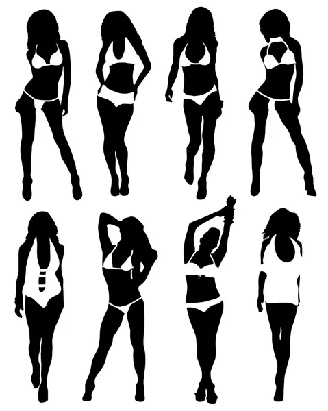 Collection of silhouettes of girls in bathing suits. — Stock Vector