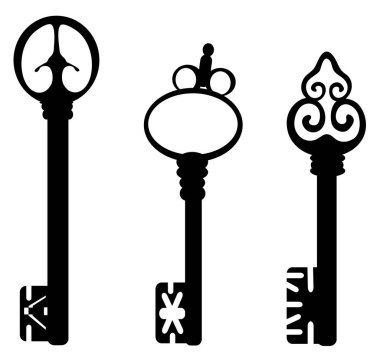 Beyaz arkaplanda eski anahtarlardan oluşan siyah siluet koleksiyonu.