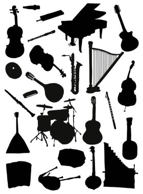 Beyaz arka planda siyah siluet müzik aletleri koleksiyonu.