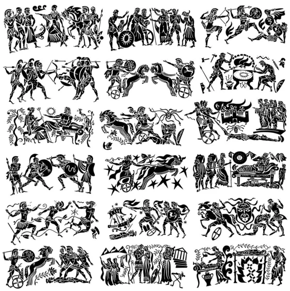Grote Verzameling Griekse Liederen Een Witte Achtergrond Zwarte Silhouetten Van — Stockvector