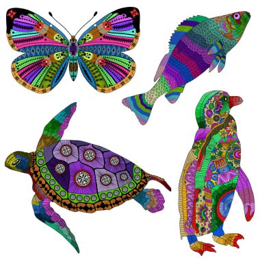 Collection of color hand drawn animals in zentangle stylized. Coloring books or tattoos with high details isolated on white background. Collection of animals. Penguin, butterfly, fish and turtle.