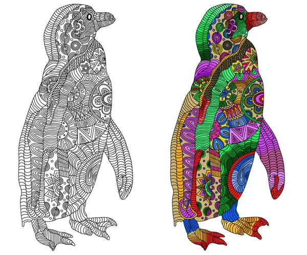 Zentangle stylized color and black penguin. Hand Drawn vector illustration. Books or tattoos with high details isolated on white background.