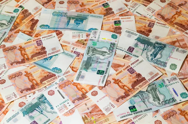 Notas de rublo diferentes — Fotografia de Stock
