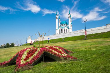 Kazan Kremlin ve Kul Şerif Camii 'nin panoramik manzarası, Kazan, Tataristan Cumhuriyeti, Rusya