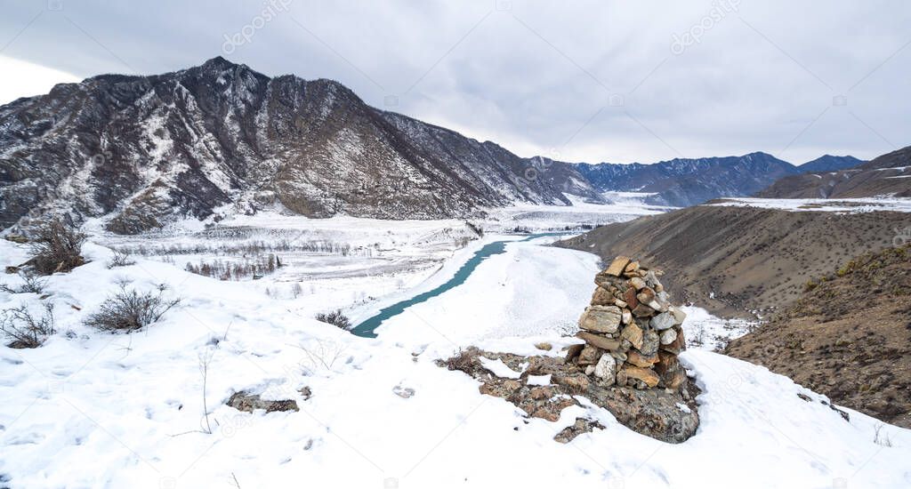 The confluence of Chuya and Katun rivers, famous travel destination in Altai, Siberia, Russia