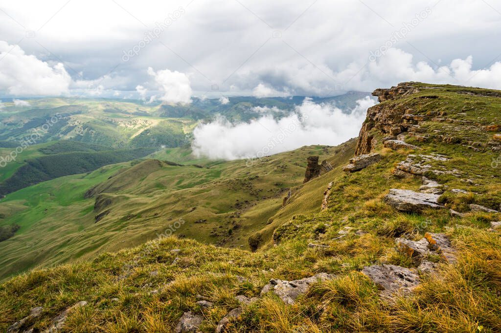 Panoramic view of the Bermamyt Plateau in the Karachay-Cherkessia Republic, Russia