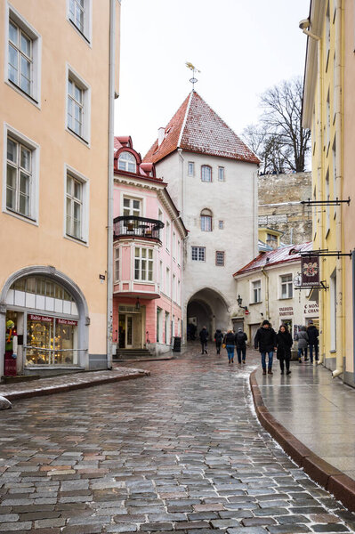 TALLINN, ESTONIA - 23 FEBRUARY, 2019: Street of old Tallinn, capital of Estonia. Old Town is listed in the UNESCO World Heritage List