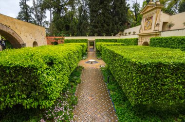SEVILLE, İspanya - 07 Nisan 2019: Seville, İspanya 'daki Alcazar Sarayı' ndaki bahçe manzarası