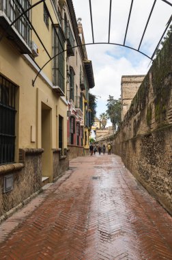SEVILLE, SPAIN - 08 Nisan 2019: İspanya 'nın büyük bir turizm merkezi olan Seville' in tarihi merkezinde sokak manzarası