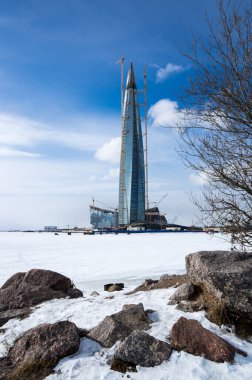 Lakhta Merkezi ve Finlandiya Körfezi 'nin panoramik manzarası, Saint-Petersburg, Rusya