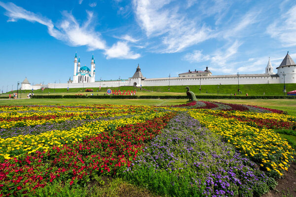 Panoramic view of the Kazan Kremlin and the Kul Sharif Mosque, Kazan, Republic of Tatarstan, Russia