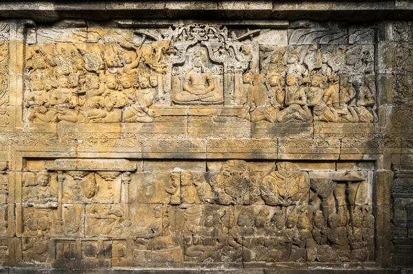 Bas Reliëf Standbeeld Bij Borobudur Een Eeuwse Mahayana Boeddhistische Tempel — Stockfoto