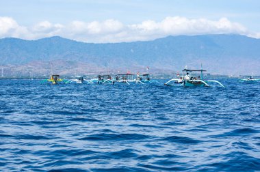 BALI, INDONEZYA - 16 Eylül 2018: Endonezya 'nın Lovina sahilindeki teknelerden yunus arayan turistler. Ziyaretçiler için popüler etkinlikler arasında sabah erken saatlerde yunusları görmek için tekne gezileri yer alıyor.