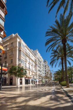 ALICANTE, İspanya - 09 Nisan 2019: Alicante, İspanya 'nın ana turizm caddesi olan palmiye sokaklarının manzarası