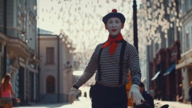 Şehrin sokaklarında gülümseyen pandomimci