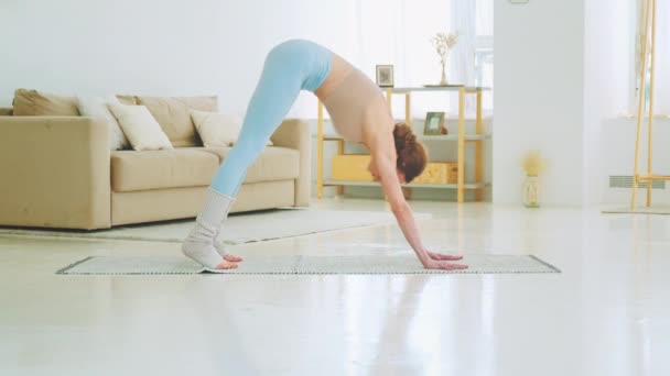 Ein junges Mädchen macht Yoga in einer nach unten gerichteten Hundepose. Adha Mukha Svanasana — Stockvideo