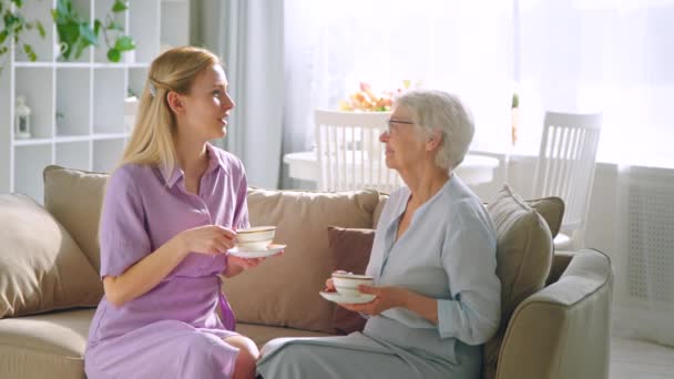 Praten jonge dochter en oudere moeder met koppen thee — Stockvideo