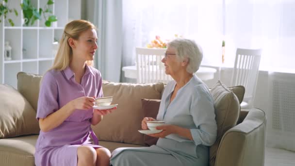 Junges Mädchen und ältere Mutter im Gespräch mit Tassen Tee — Stockvideo