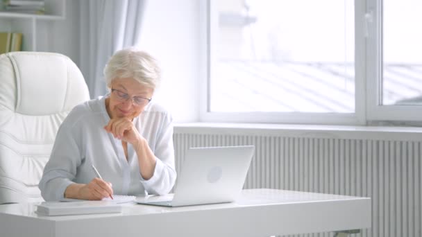 Smiling aged businesswoman with grey hair writes in notebook — Stockvideo