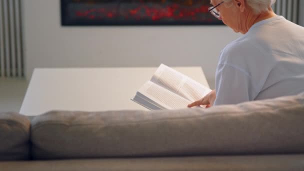 Pensioner teacher in glasses sits on large grey sofa reading — Stock Video